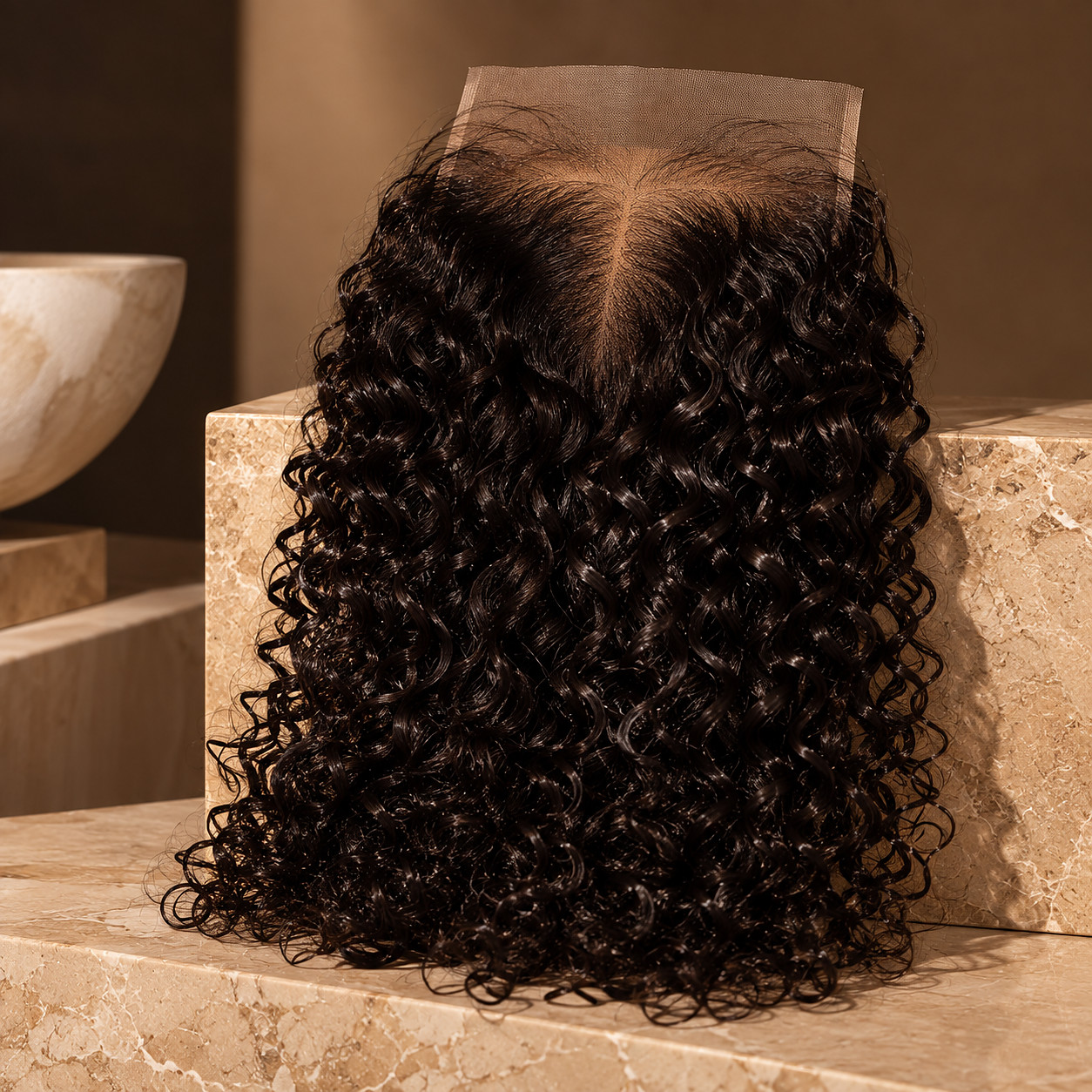 FFRENCH Curl lace closure on a stone plinth